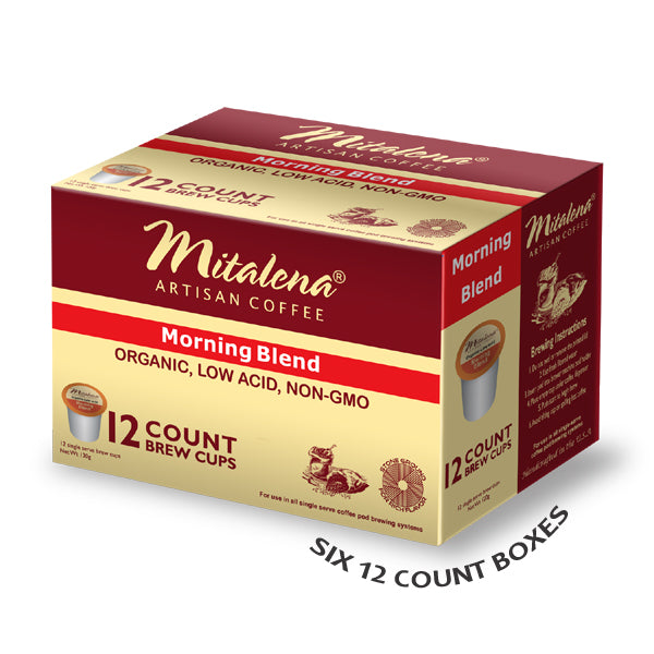 Mitalena Brand - 72 ct. Morning Blend Organic Arabica Low Acid Single Serve Coffee Pod Brew Cups